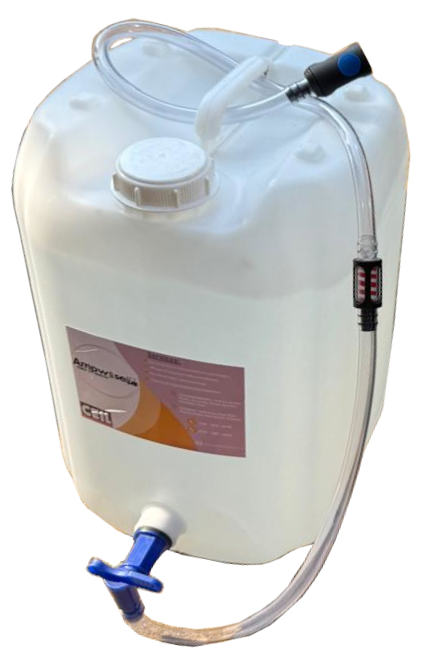 Battery watering system water bottle with dosing tube and dispensing valve, used to top up industrial battery cells.